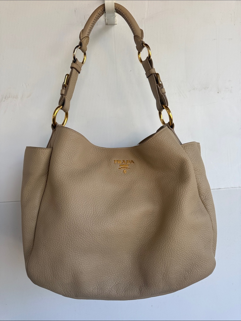 Prada Vitello Daino Leather Hobo Bag Camel Tan Pebbled Calf Skin Gold Hardware - Picture 3 of 17